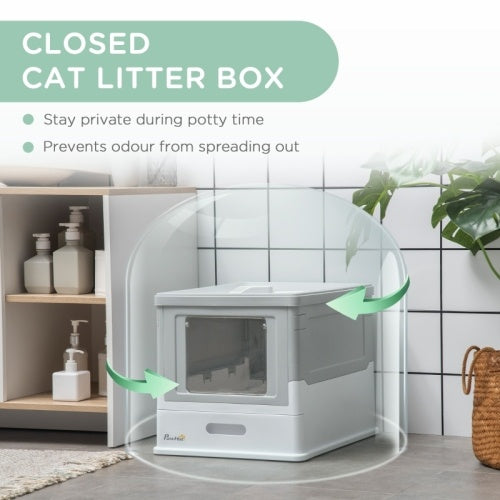 Paw Hut Gray Enclosed Cat Litter Box, Front Entry, Top Exit with Scoop