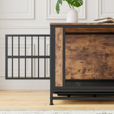 Contemporary Polished Wooden Kennel with Iron Bars for Dogs