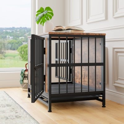 Contemporary Polished Wooden Kennel with Iron Bars for Dogs