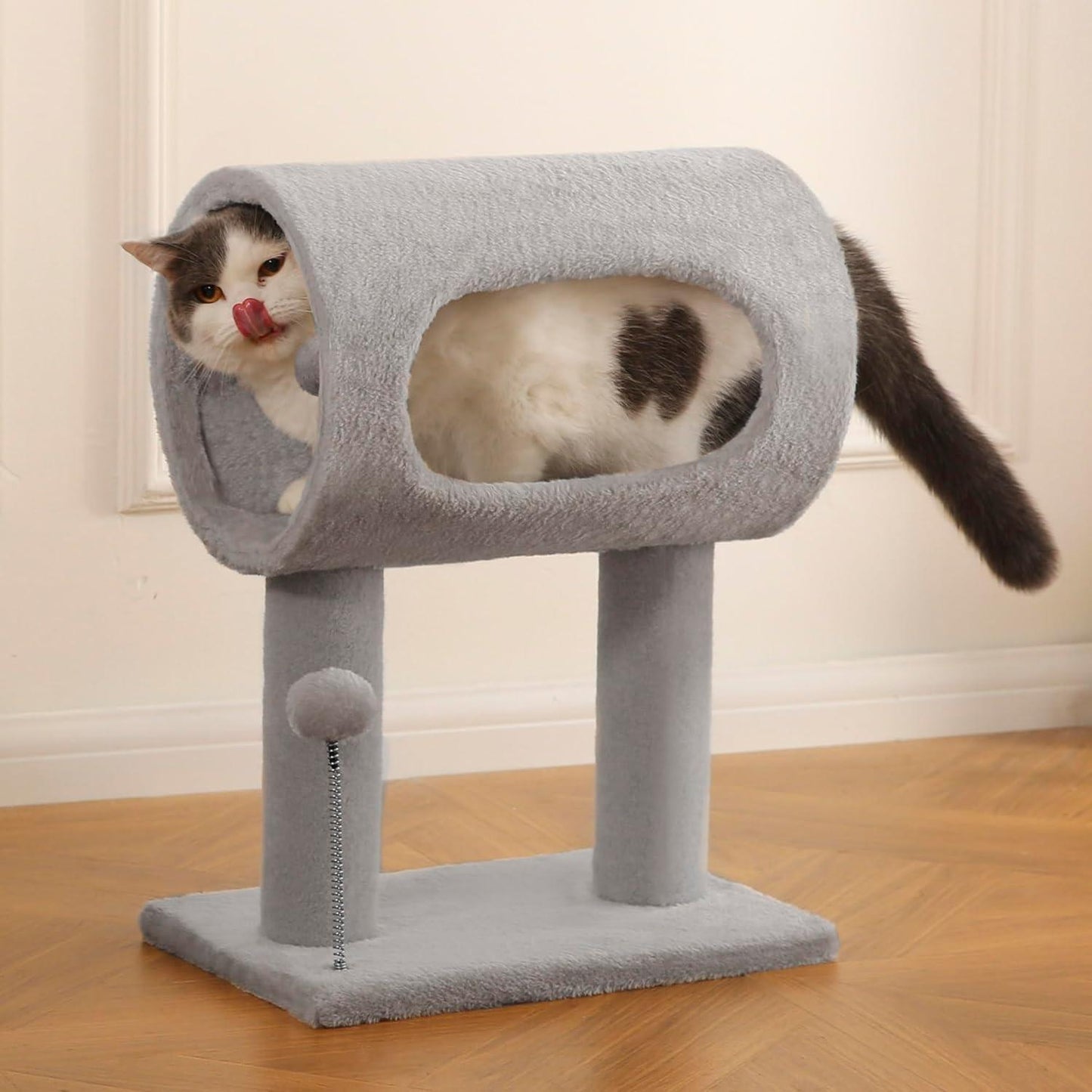 Popular Gray Cat Tree Tunnel Bed with Interactive Spring Toy
