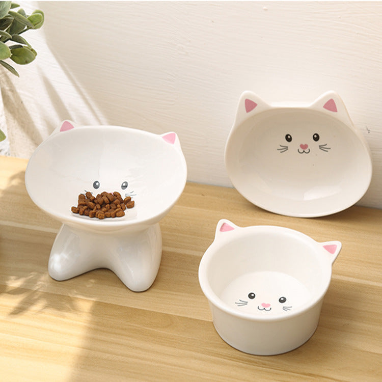 Small Ceramic Cute Face Feeding Bowl Set for Cats & Small Dogs