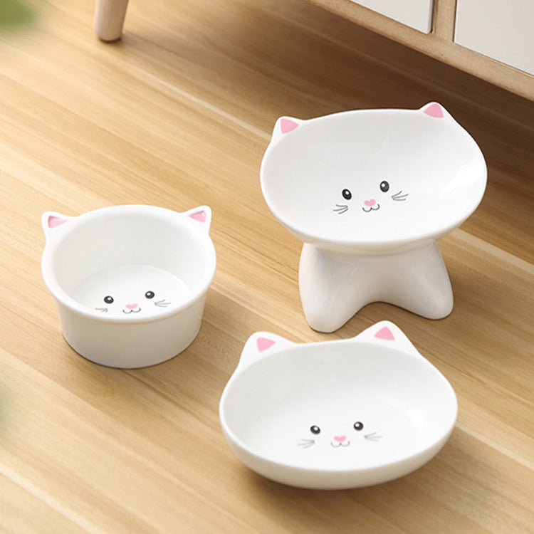 Small Ceramic Cute Face Feeding Bowl Set for Cats & Small Dogs