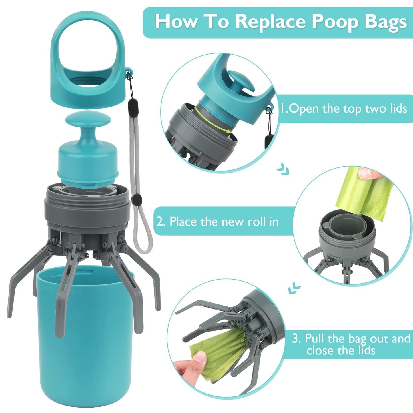 Portable Poop Scooper with Attachable Bag Dispenser for Dog Waste