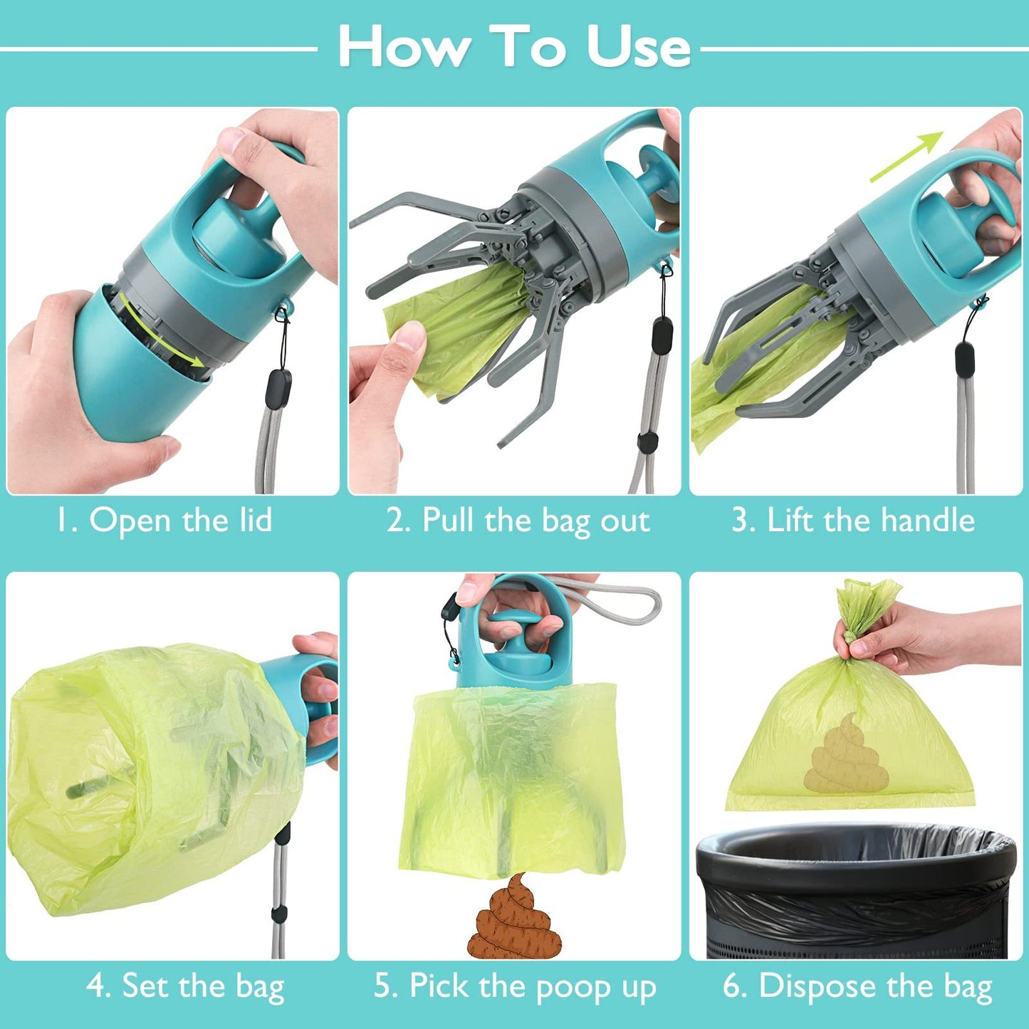 Portable Poop Scooper with Attachable Bag Dispenser for Dog Waste