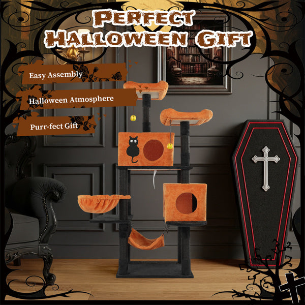 Gothic Halloween Themed Multi-Level Cat Tower with Spider Toy