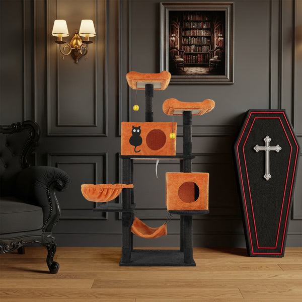 Gothic Halloween Themed Multi-Level Cat Tower with Spider Toy