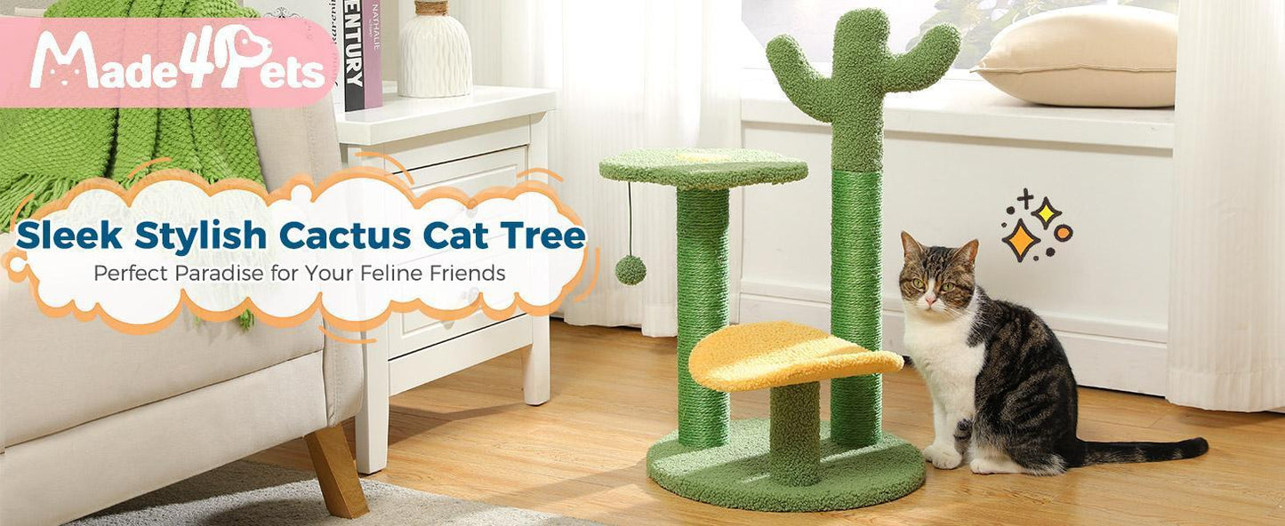 26” Cactus Cat Tree With Bird's Eye View, Flower Perch and Soft Cactus Top