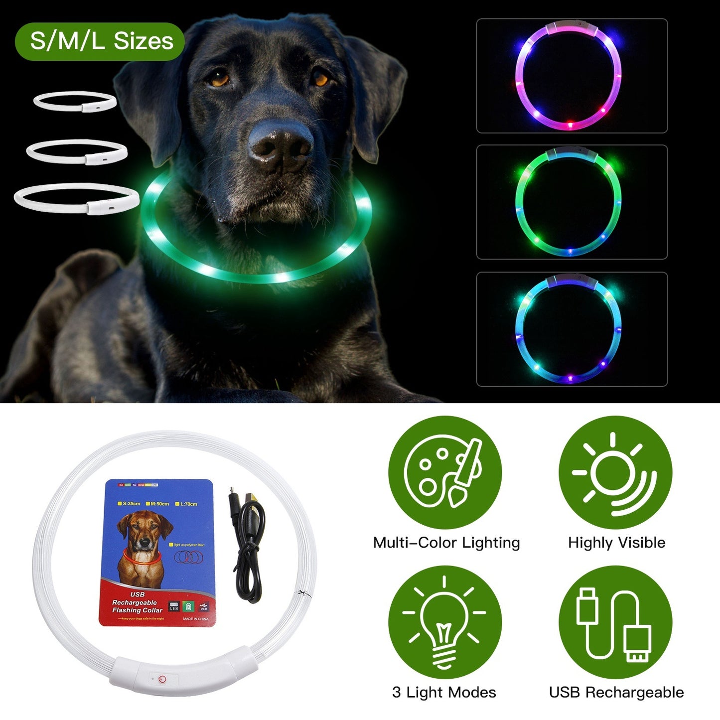 USB Rechargeable LED with Multi Color Lighting for Cats & Dogs