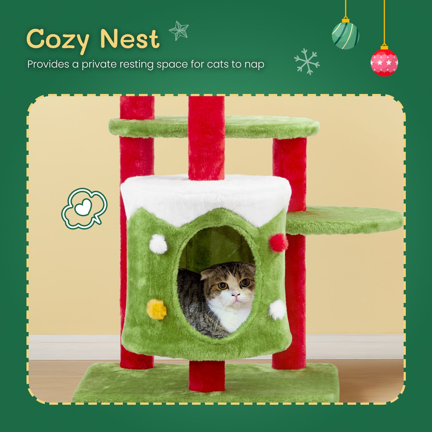 Festive 32” 3-Level Christmas Themed Cat Tower with Climbing Frame
