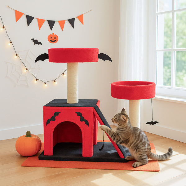 Spooktacular Halloween Themed Cat Tree with Spacious Condo 2 Perches and Spider Toy