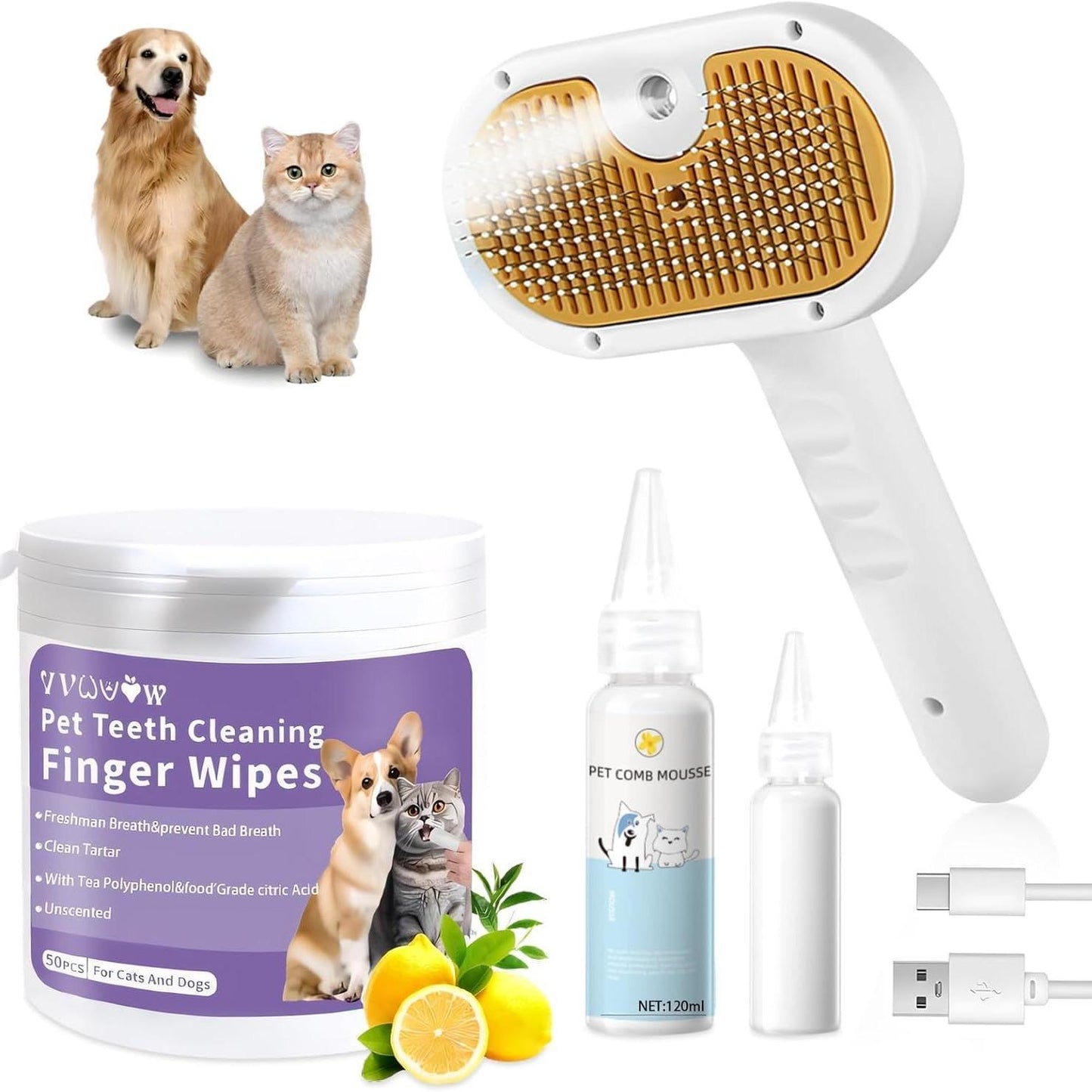3-in-1 Steam Brush + Hair Removal Comb with Waterless Shampoo for Cats & Dogs