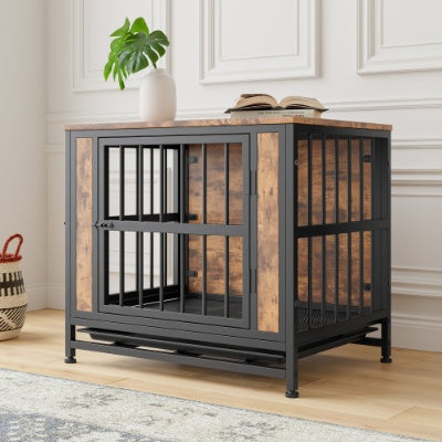Contemporary Polished Wooden Kennel with Iron Bars for Dogs