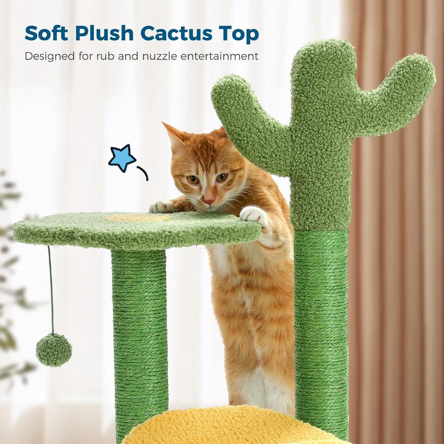 26” Cactus Cat Tree With Bird's Eye View, Flower Perch and Soft Cactus Top