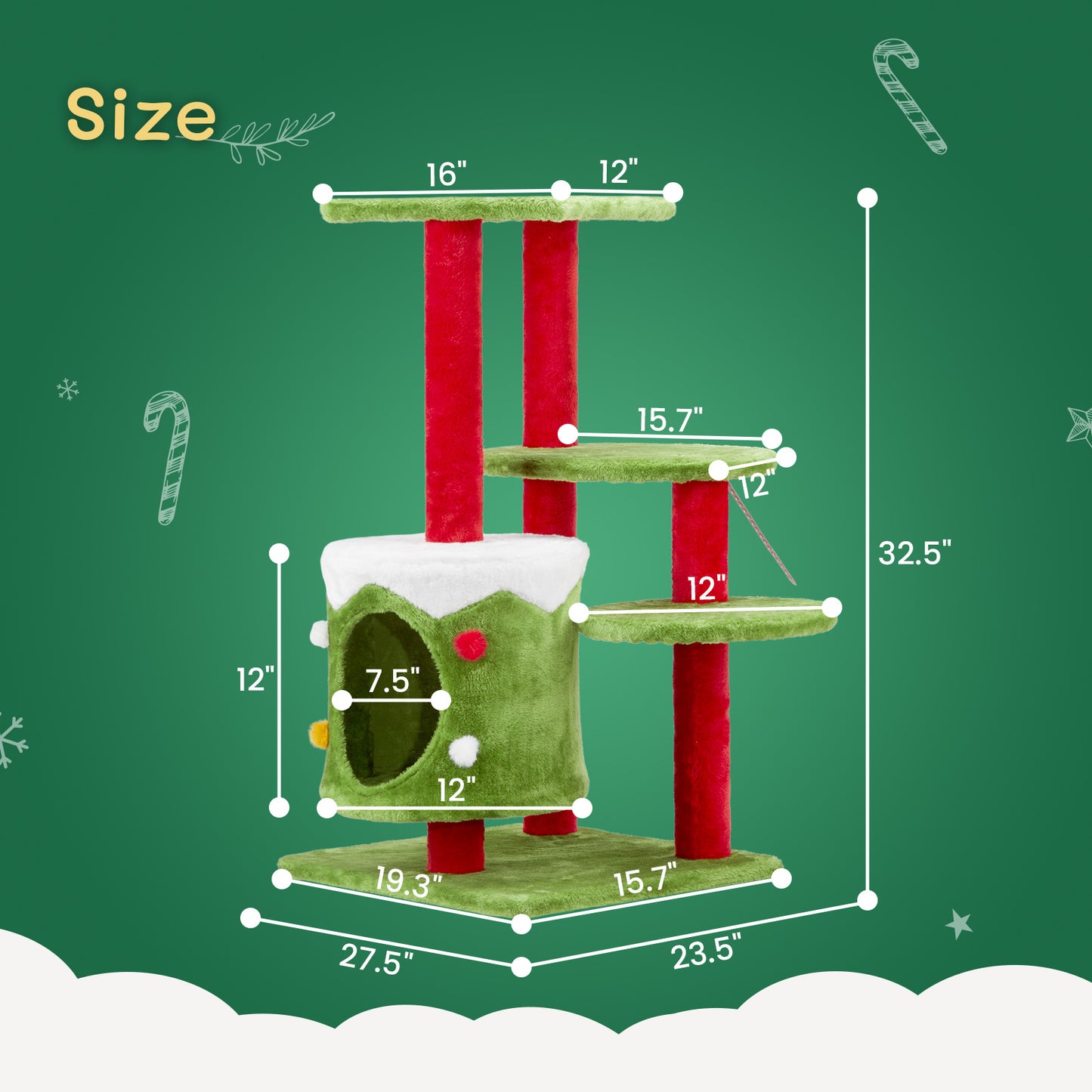 Festive 32” 3-Level Christmas Themed Cat Tower with Climbing Frame