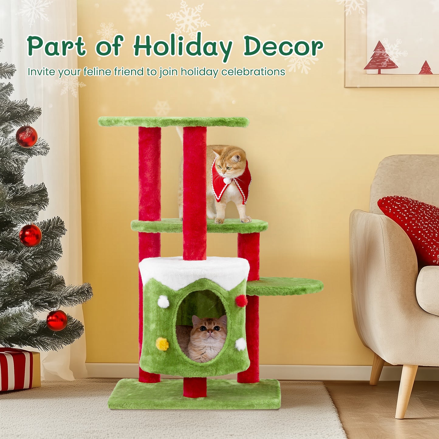 Festive 32” 3-Level Christmas Themed Cat Tower with Climbing Frame