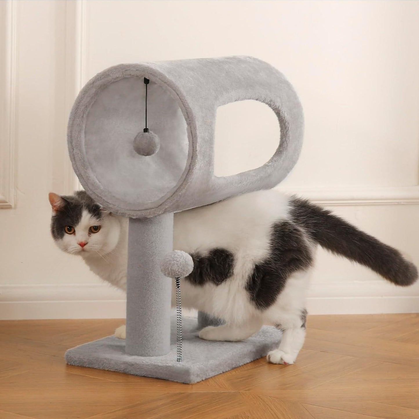 Popular Gray Cat Tree Tunnel Bed with Interactive Spring Toy