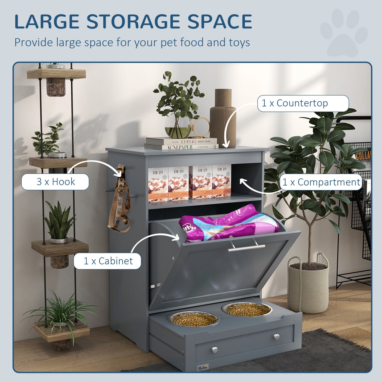 Gray Contemporary Pet Feeder Station with Storage Containers for Cats & Dogs (Must Have)