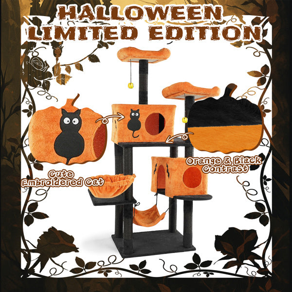 Gothic Halloween Themed Multi-Level Cat Tower with Spider Toy