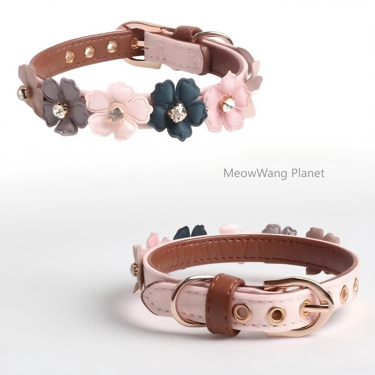 Luxury Floral Leather Collar with Elegant Rhinestone for Cats & Dogs