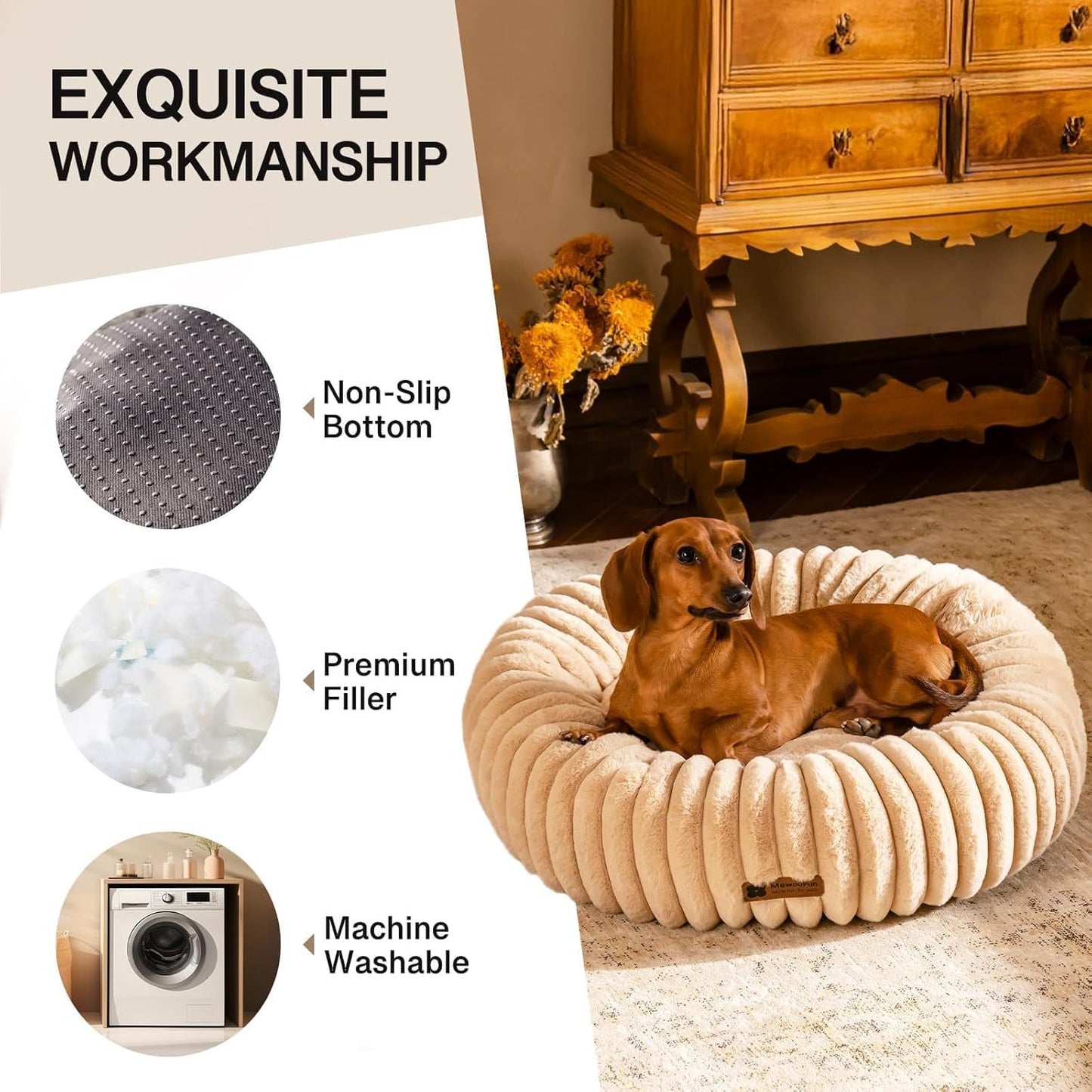 MEWOOFUN Tan Donut Bed for Cats & Small Dogs
