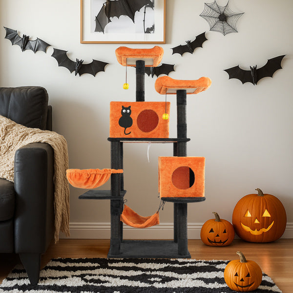 Gothic Halloween Themed Multi-Level Cat Tower with Spider Toy