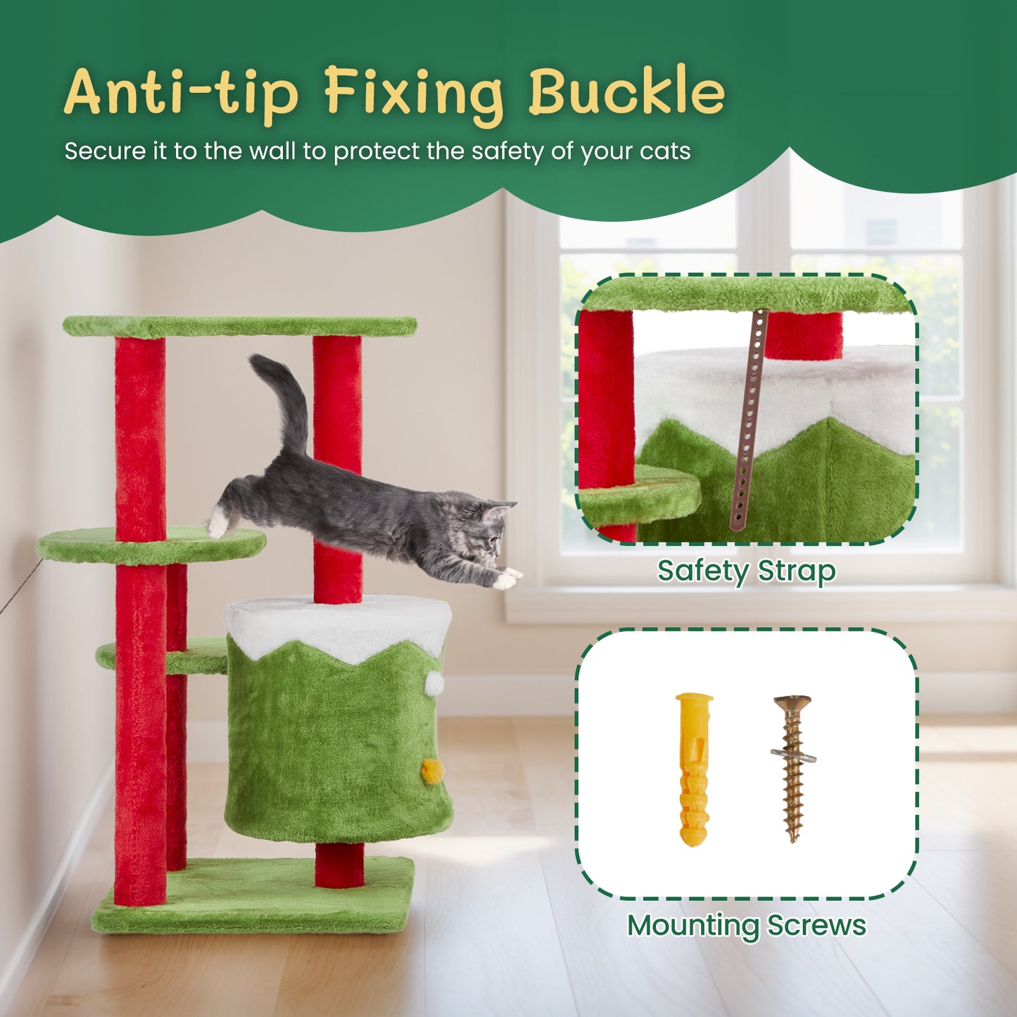 Festive 32” 3-Level Christmas Themed Cat Tower with Climbing Frame
