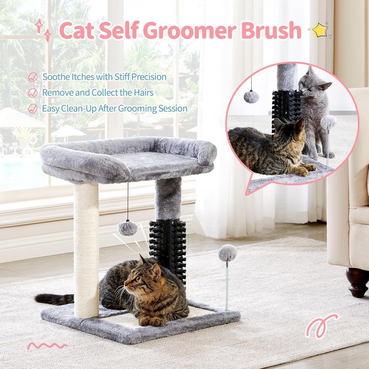 Small 4-in-1 Cat Tree with Self-grooming Brush and Natural Sisal Scratching Post
