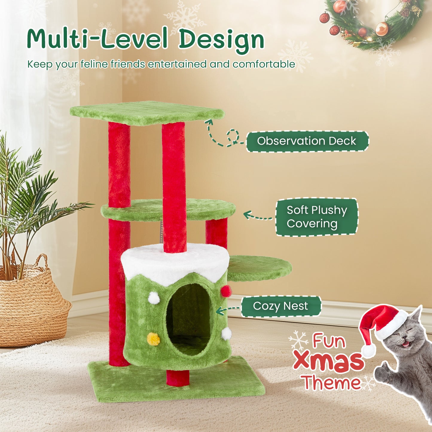 Festive 32” 3-Level Christmas Themed Cat Tower with Climbing Frame