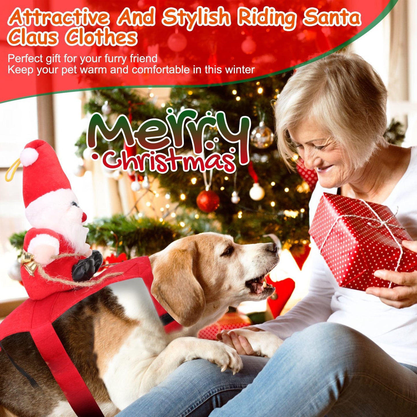 Festive Christmas Themed Riding Santa Claus with Bell Costume for Cats & Dogs
