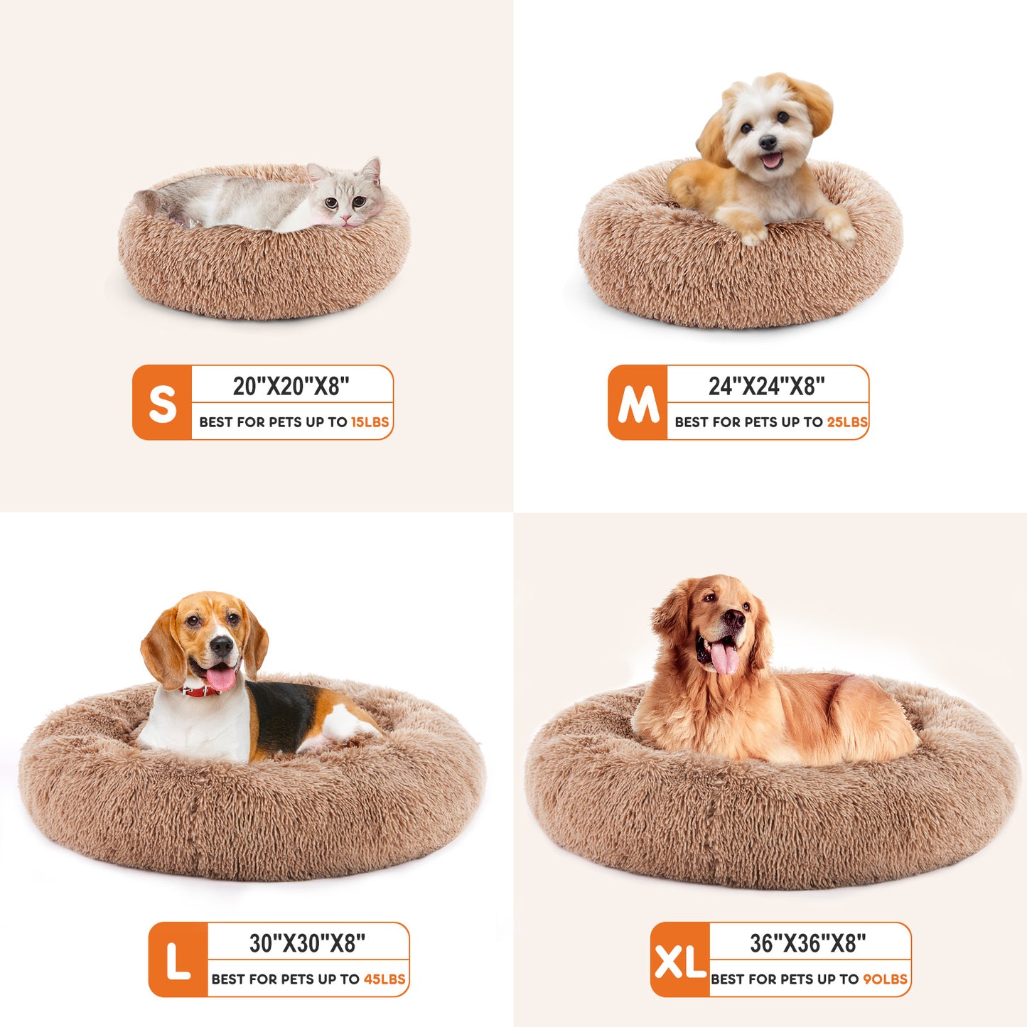 Comfy 24” Anti-Slip Round Plush Faux Fur Bed, Fits Up To 25 Lbs for Cats & Dogs