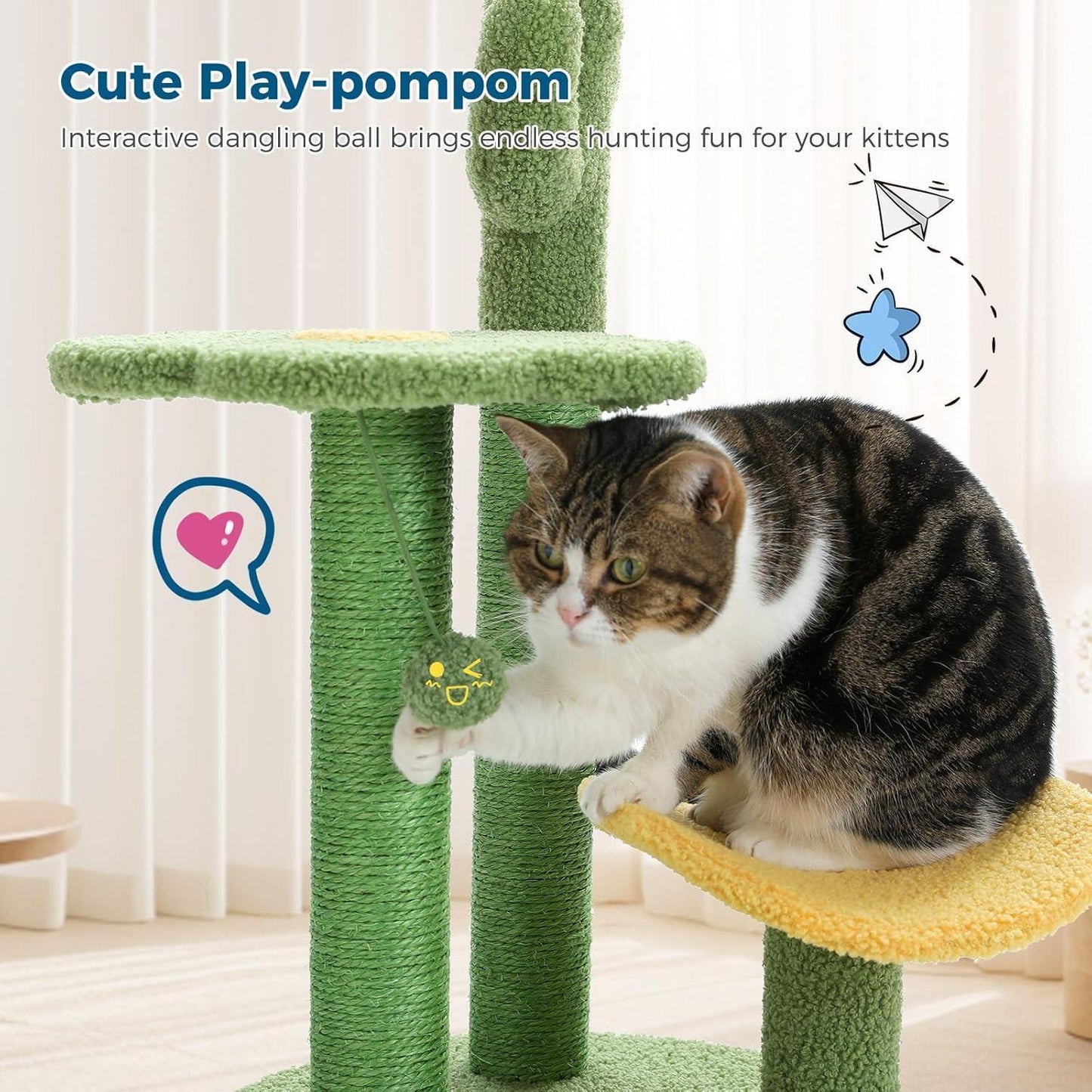 26” Cactus Cat Tree With Bird's Eye View, Flower Perch and Soft Cactus Top