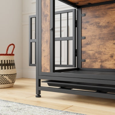 Contemporary Polished Wooden Kennel with Iron Bars for Dogs