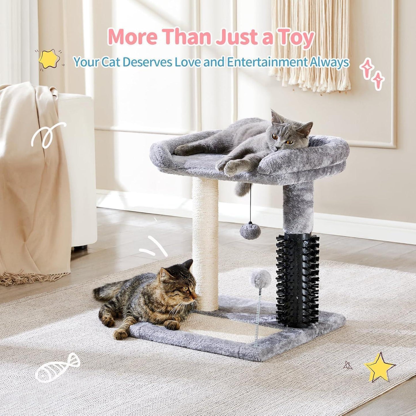 Small 4-in-1 Cat Tree with Self-grooming Brush and Natural Sisal Scratching Post