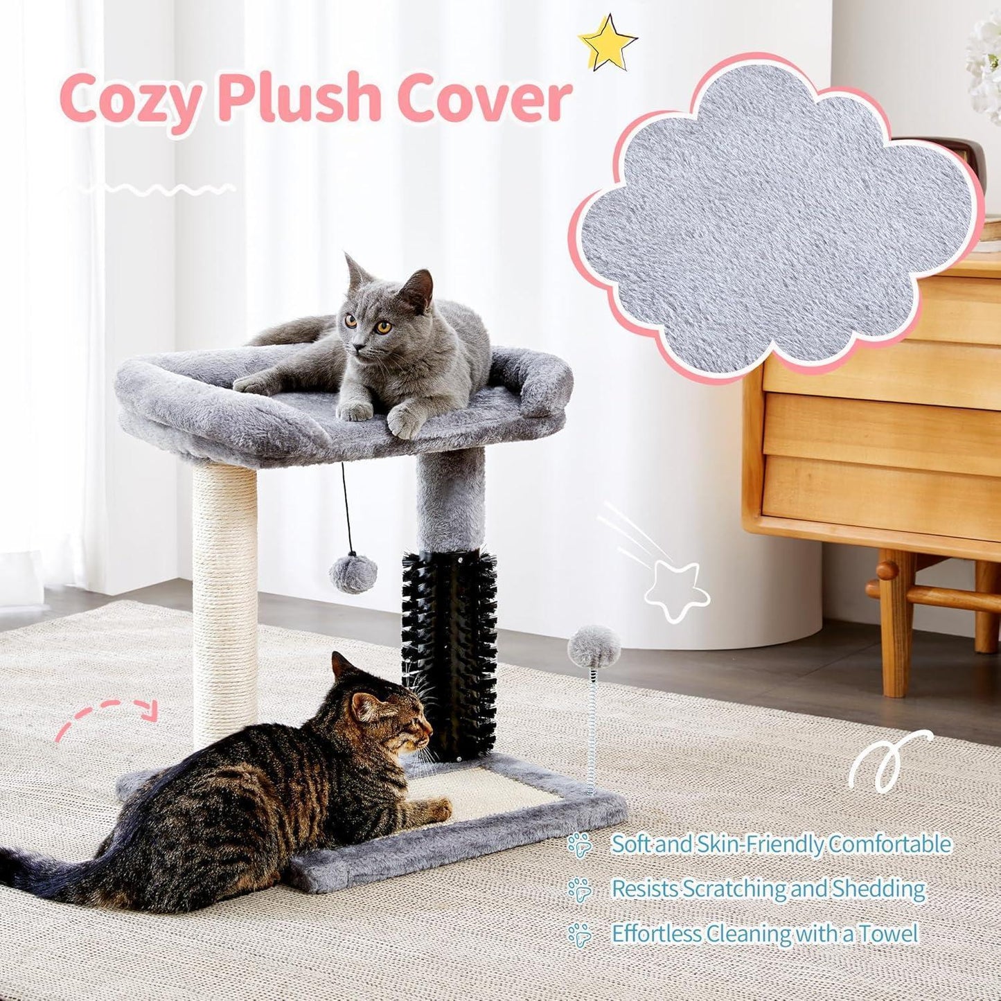 Small 4-in-1 Cat Tree with Self-grooming Brush and Natural Sisal Scratching Post