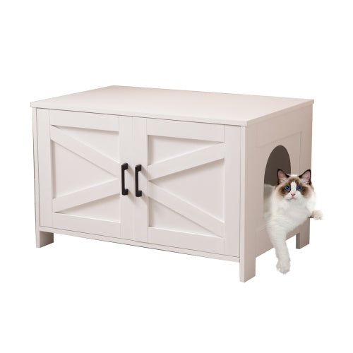 White Wooden Cat Litter Box Furniture with Enclosure
