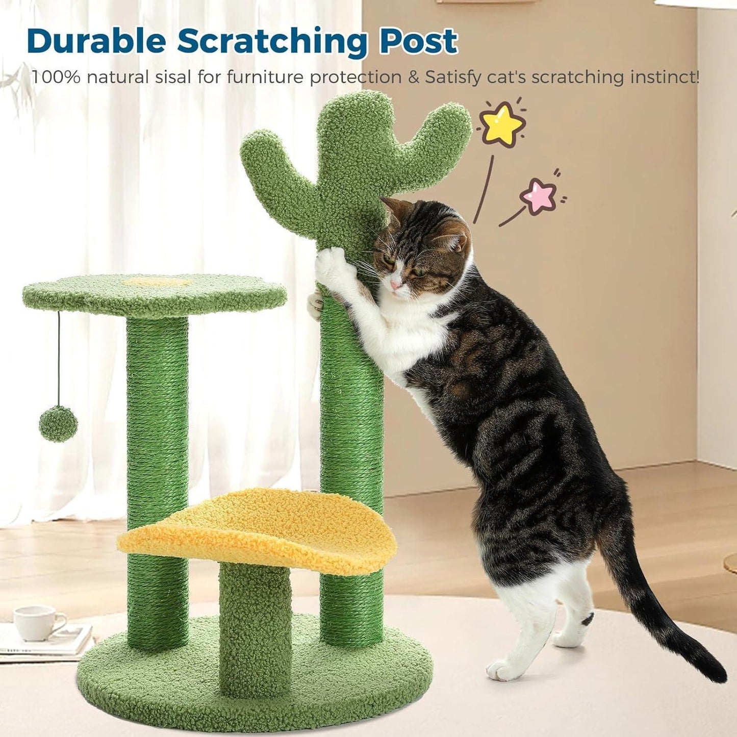 26” Cactus Cat Tree With Bird's Eye View, Flower Perch and Soft Cactus Top