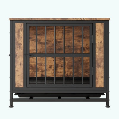 Contemporary Polished Wooden Kennel with Iron Bars for Dogs