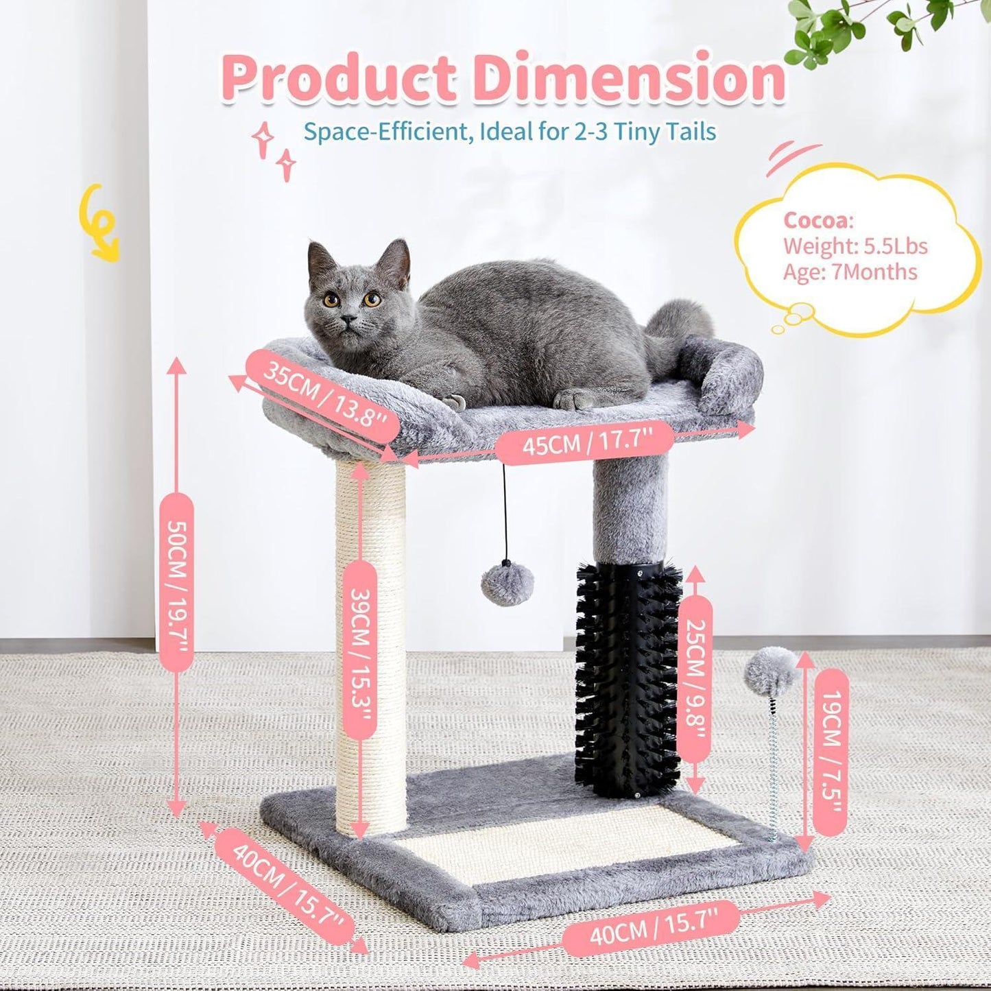 Small 4-in-1 Cat Tree with Self-grooming Brush and Natural Sisal Scratching Post