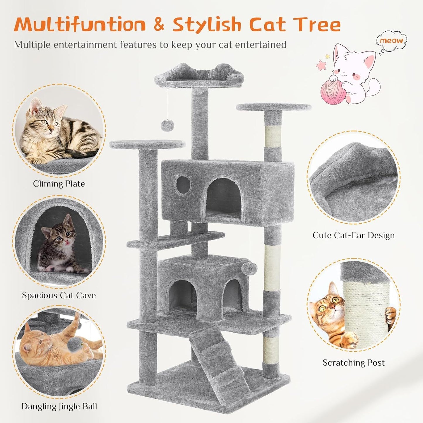 54” Multi-level Cat Tower with Sisal Grab Post