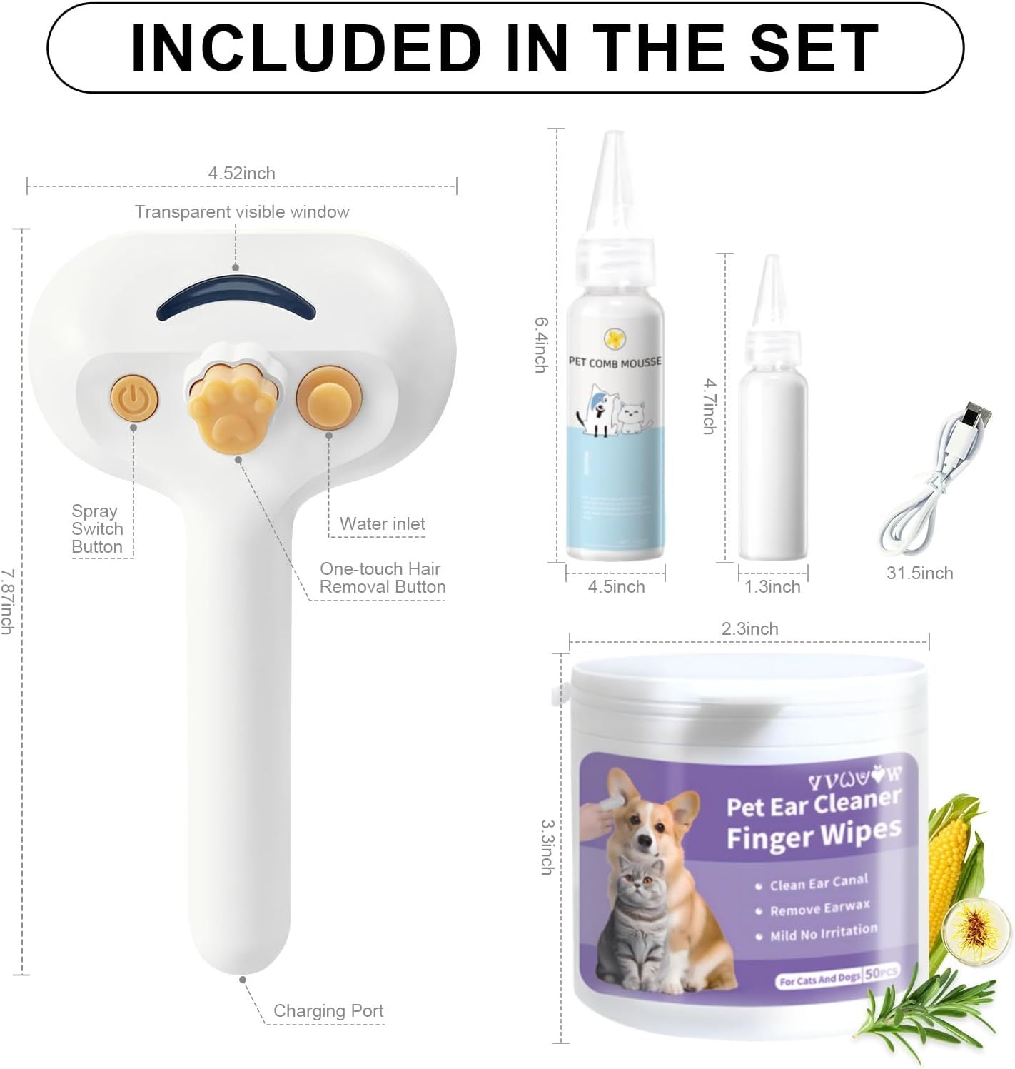 3-in-1 Steam Brush + Hair Removal Comb with Waterless Shampoo for Cats & Dogs