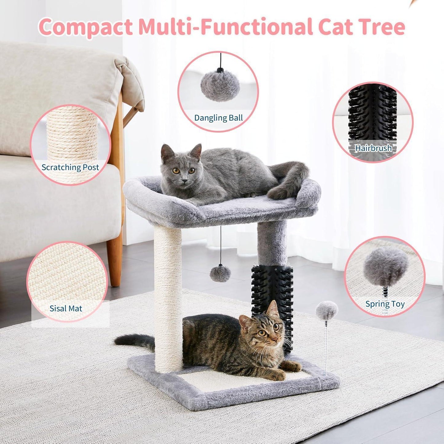 Small 4-in-1 Cat Tree with Self-grooming Brush and Natural Sisal Scratching Post