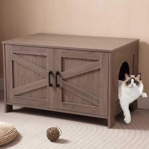 White Wooden Cat Litter Box Furniture with Enclosure