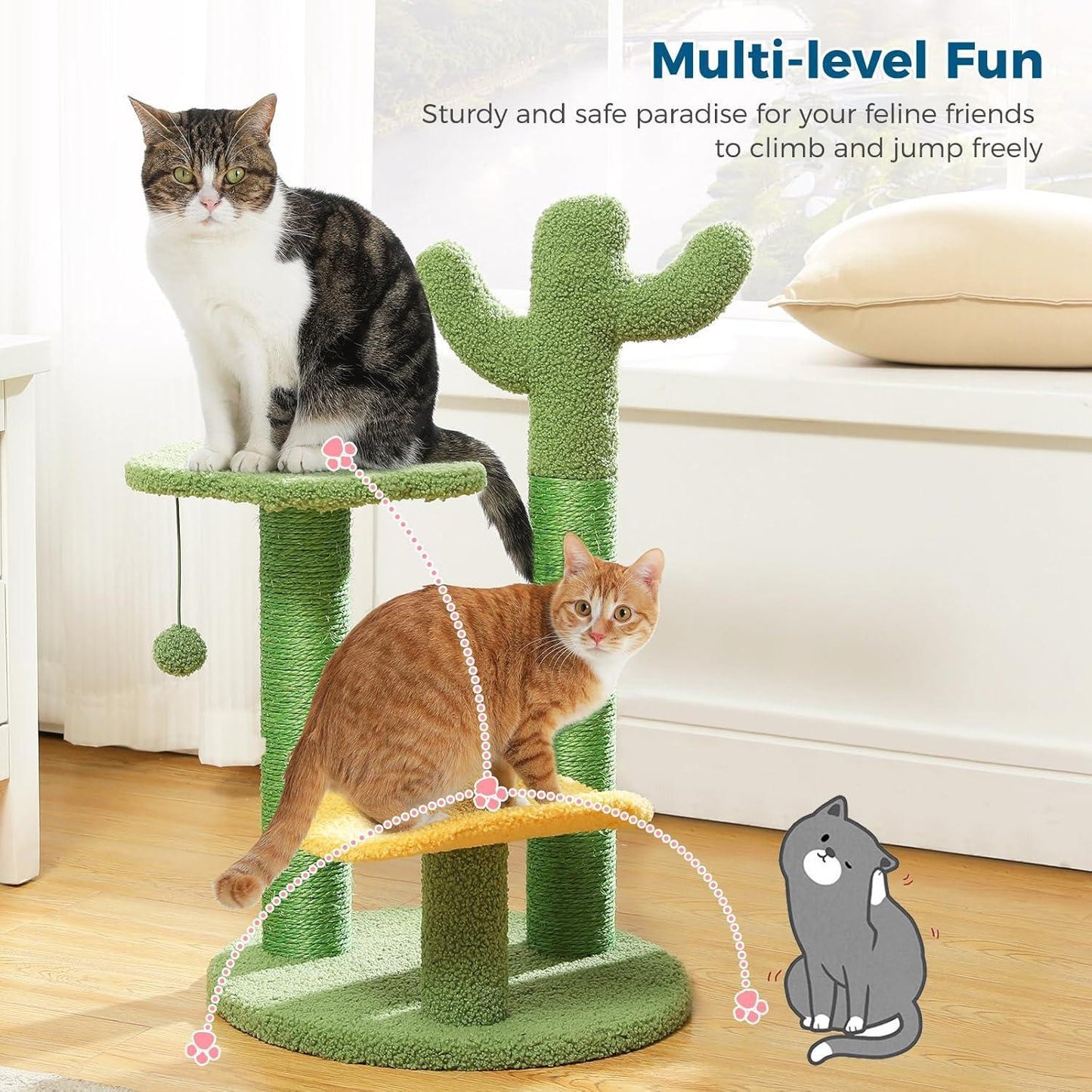 26” Cactus Cat Tree With Bird's Eye View, Flower Perch and Soft Cactus Top