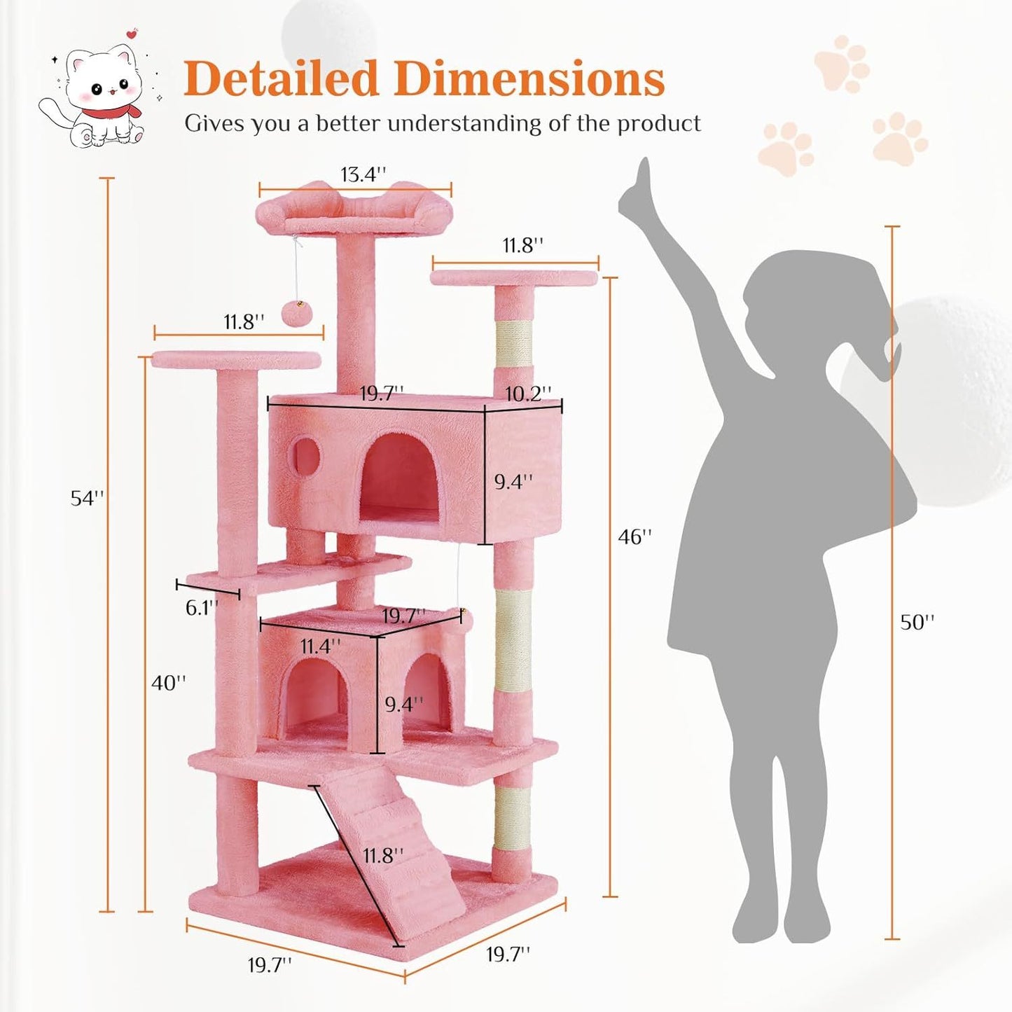 54” Multi-level Cat Tower with Sisal Grab Post