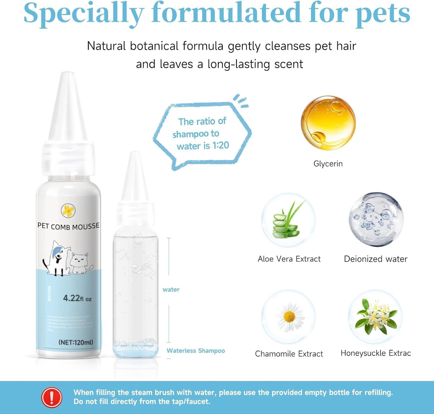 3-in-1 Steam Brush + Hair Removal Comb with Waterless Shampoo for Cats & Dogs