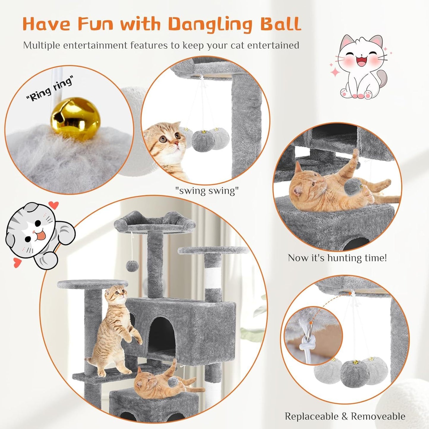 54” Multi-level Cat Tower with Sisal Grab Post