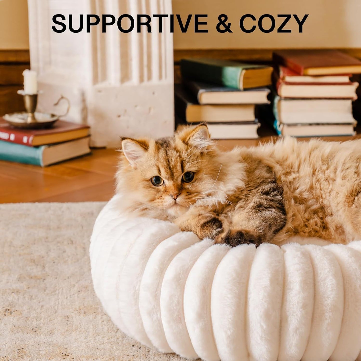 MEWOOFUN Cream Fluffy Round Donut Bed with Non-Slip Bottom for Cats & Dogs