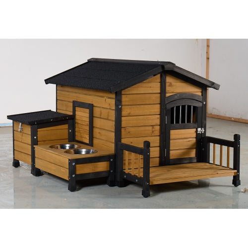 Large Wooden Weatherproof Doghouse with Storage Box and Feeding Station