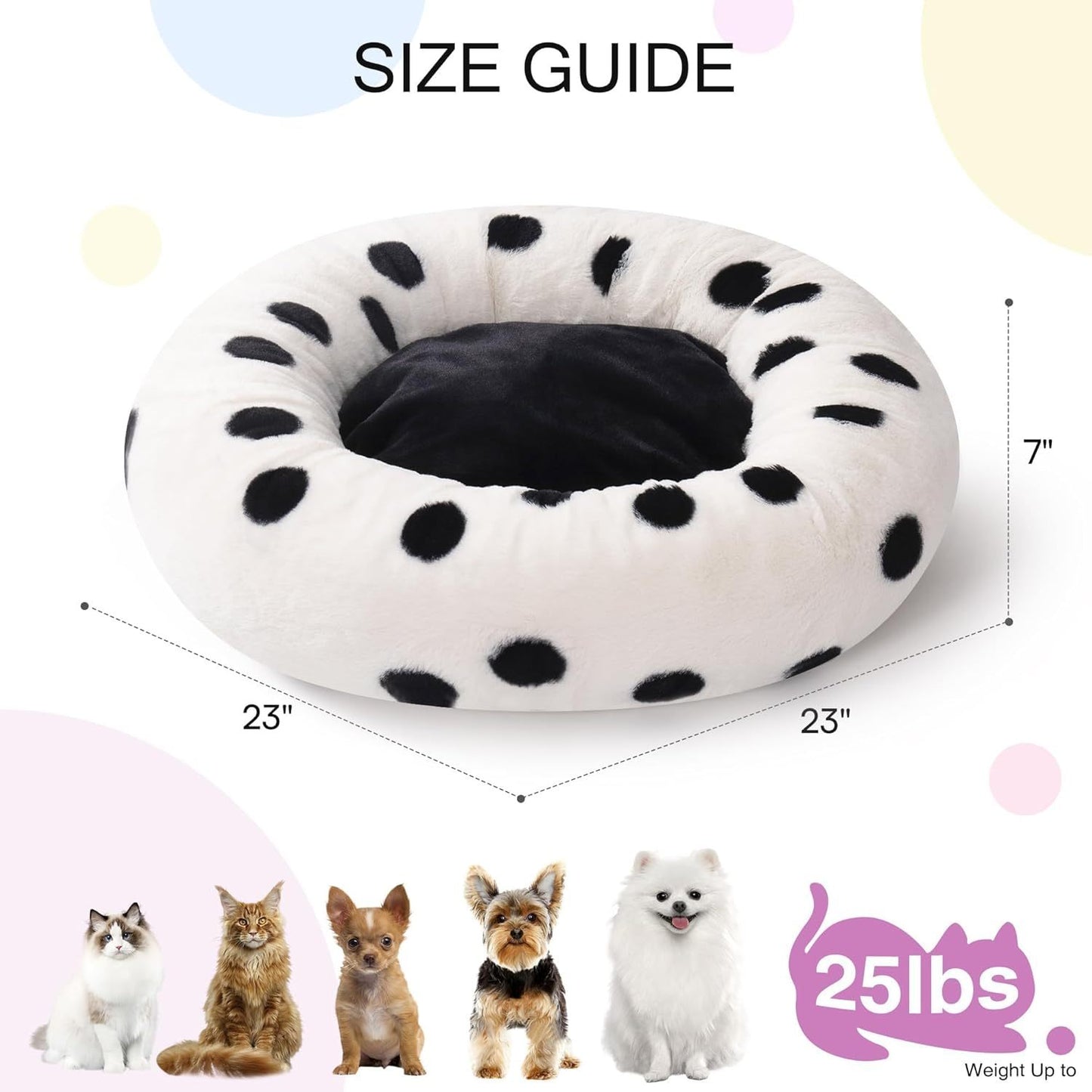 MEWOOFUN Artsy Plush 23” Round Polkadot Washable Pet Bed for Small Dogs & Cats