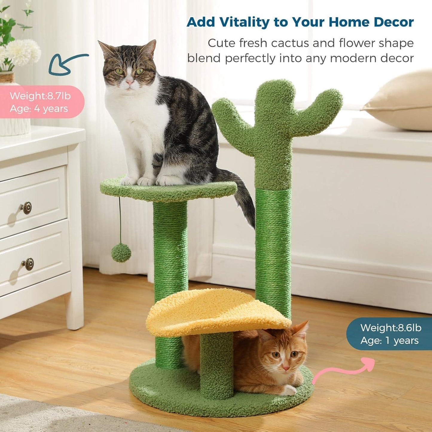 26” Cactus Cat Tree With Bird's Eye View, Flower Perch and Soft Cactus Top